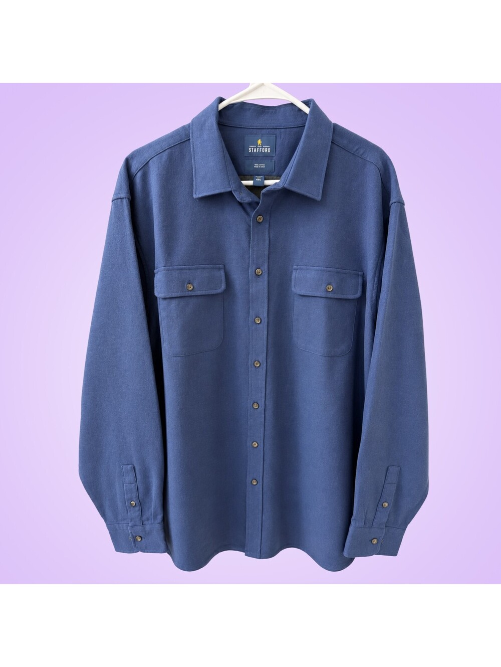 Stafford Men's 2XLT Blue Herringbone Cotton Button Front Shirt Two Pockets